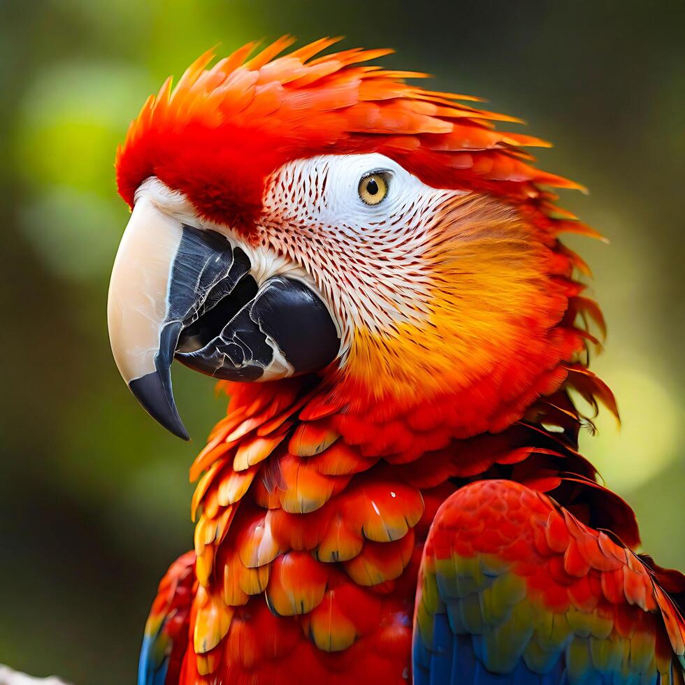 ai generado cerca arriba de vistoso escarlata guacamayo loro aislado en un transparente antecedentes. generativo ai foto