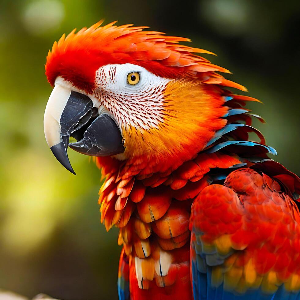 ai generado cerca arriba de vistoso escarlata guacamayo loro aislado en un transparente antecedentes. generativo ai foto