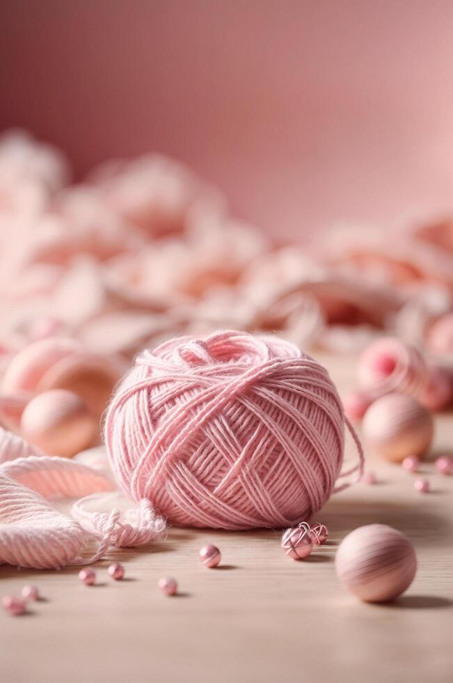 AI generated Ball of soft pink yarn lies on pink surface. The background is blurred pink. photo