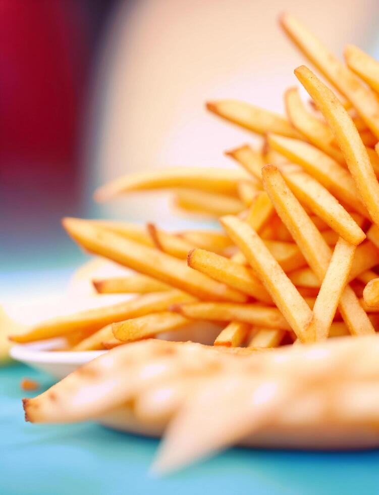 AI generated Fries, themed blurred bokeh background serving as  backdrop for a template concept. photo