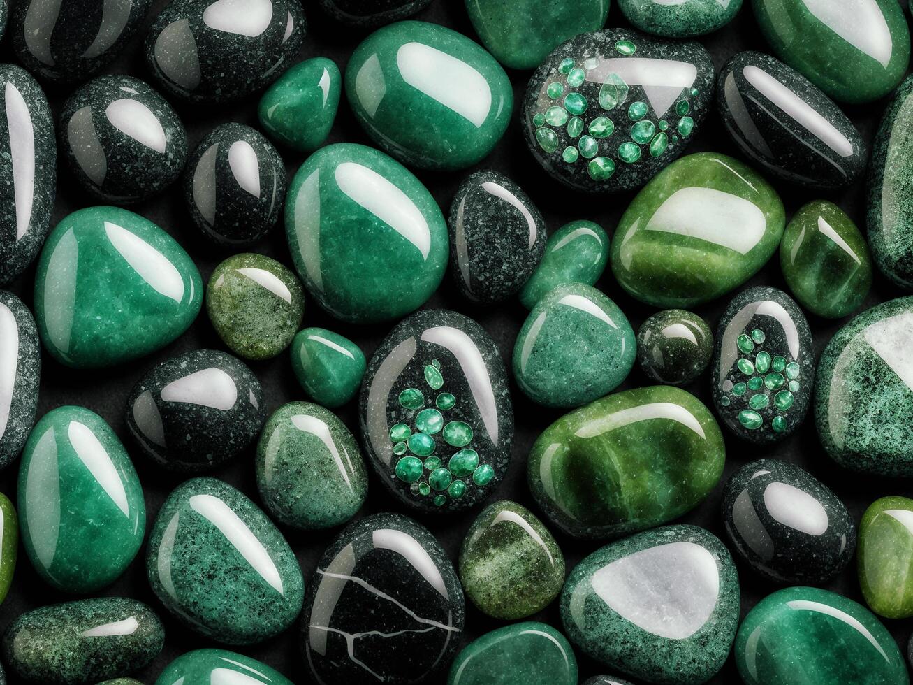 AI generated Beautiful illustration background of round black and green stones, top view. photo