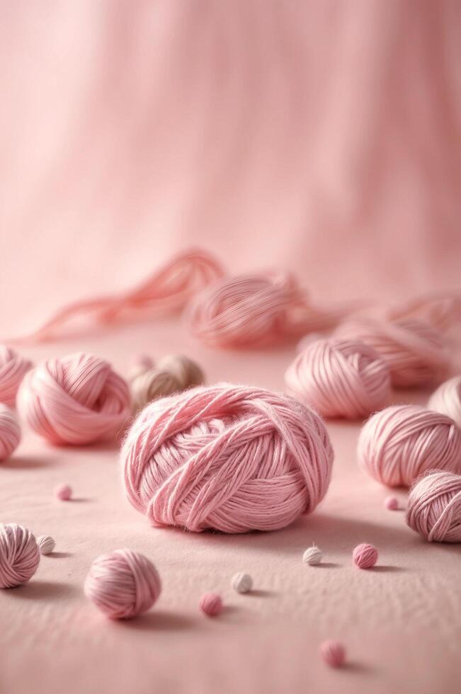 AI generated Ball of soft pink yarn lies on pink surface. The background is blurred pink. photo
