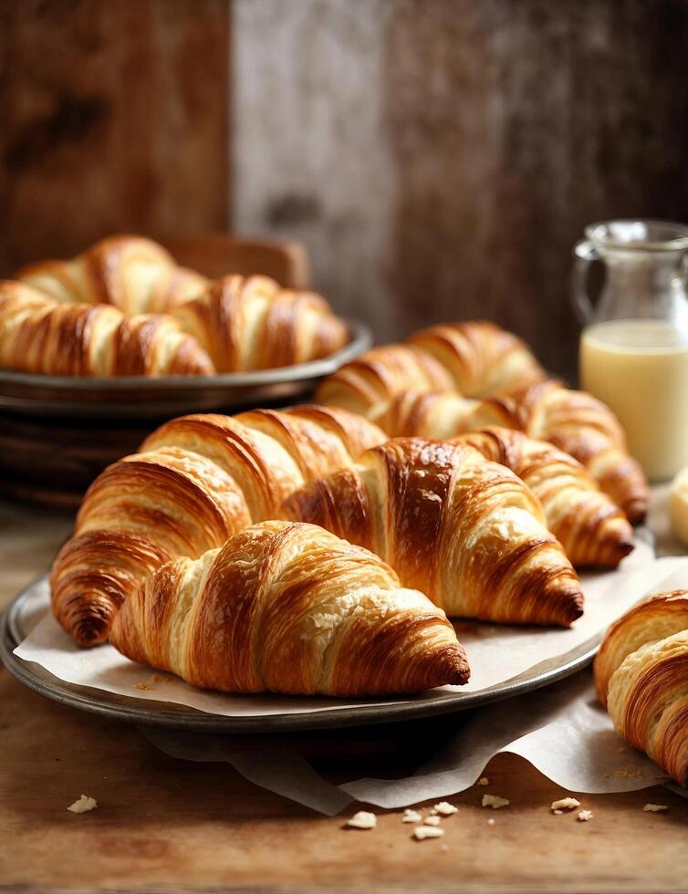 AI generated Fresh golden French croissant from the baking sheet. photo