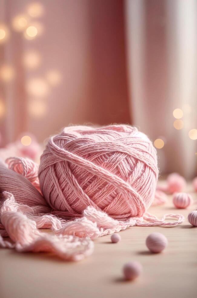 AI generated Ball of soft pink yarn lies on pink surface. The background is blurred pink. photo