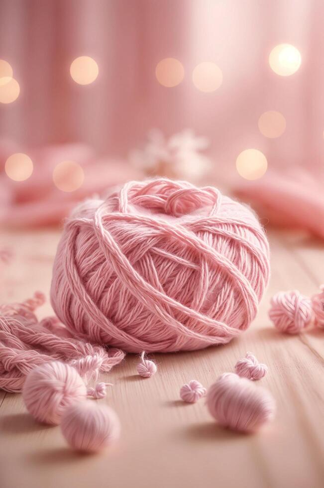 AI generated Ball of soft pink yarn lies on pink surface. The background is blurred pink. photo