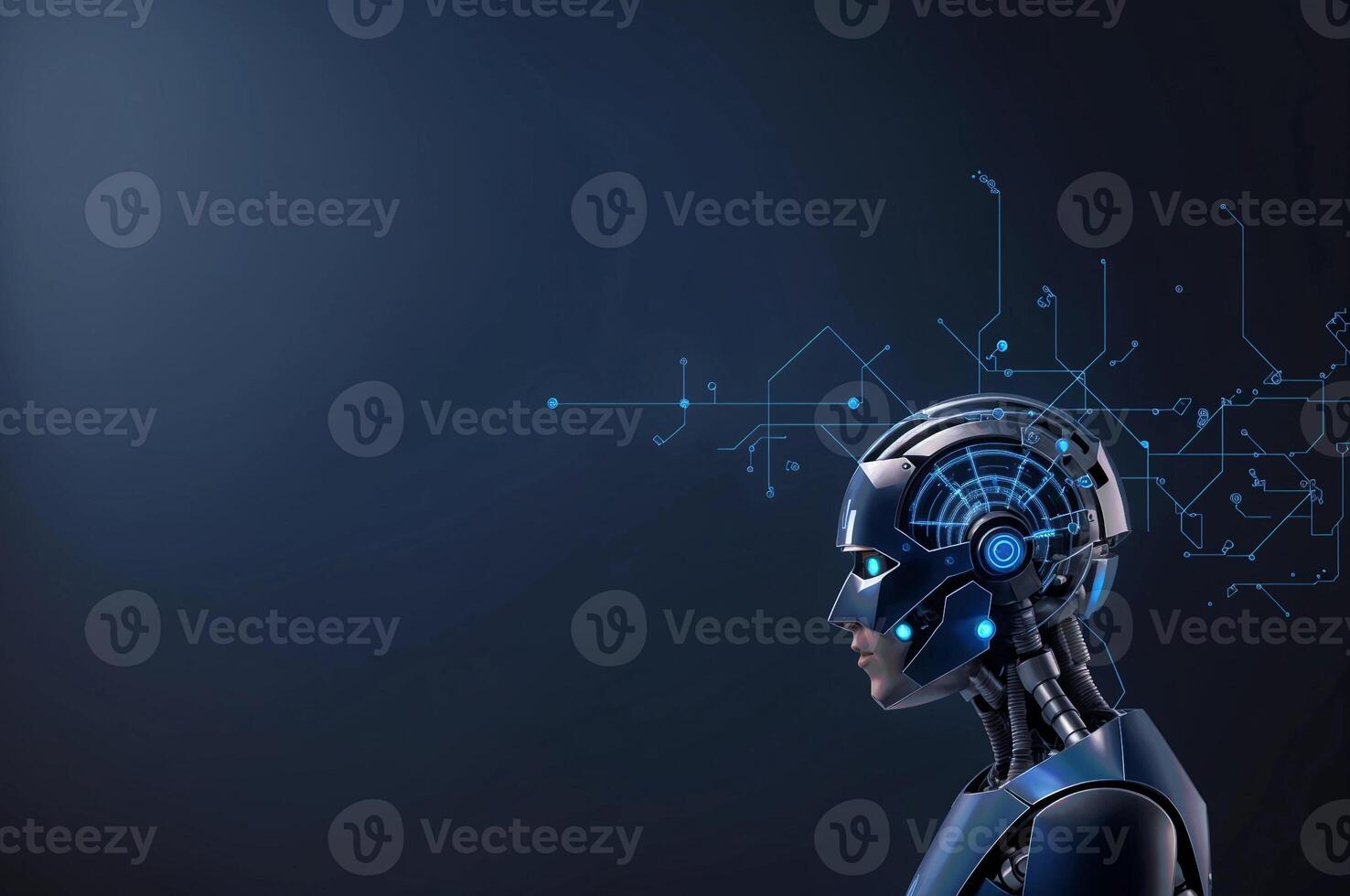 AI generated Robot in a metal helmet looks to the right. The background is blue, with a diagram. photo