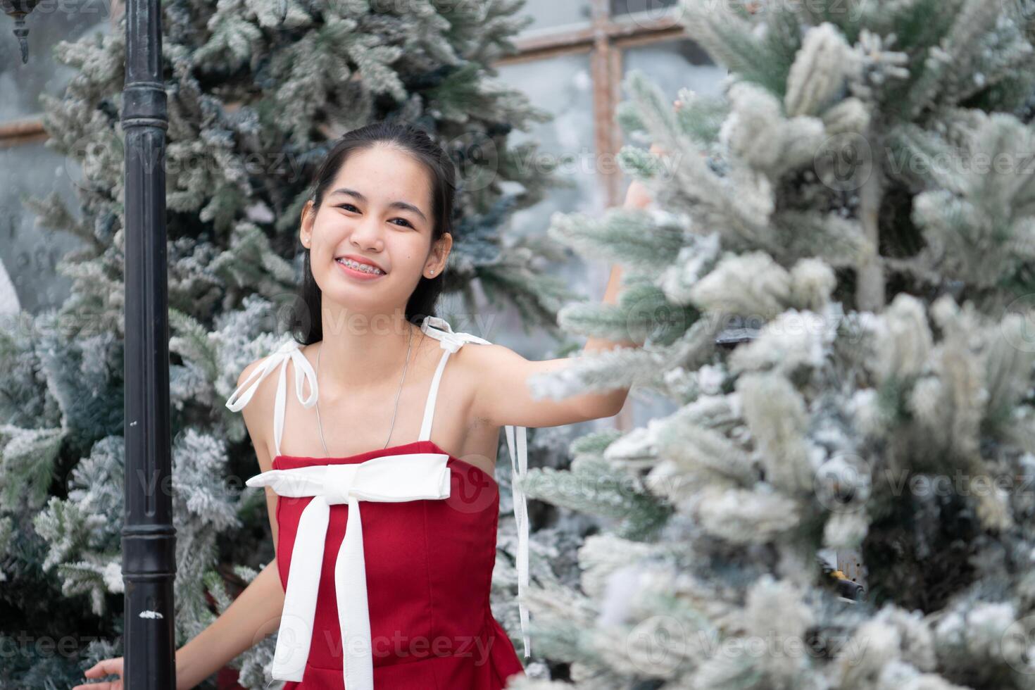 Portrait of teenage girl in a red dress relaxed and smiling in a snowy yard. photo