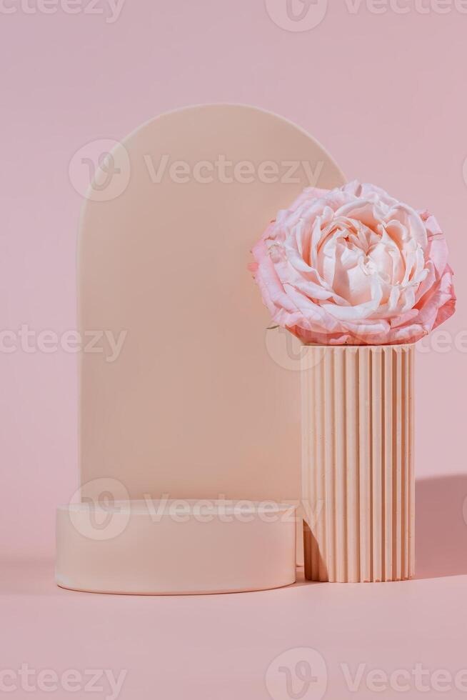 blanco beige podio plataformas o pedestales con floreciente Rosa flor para producto mostrar. vacío soportes para demostración o presentación productos foto