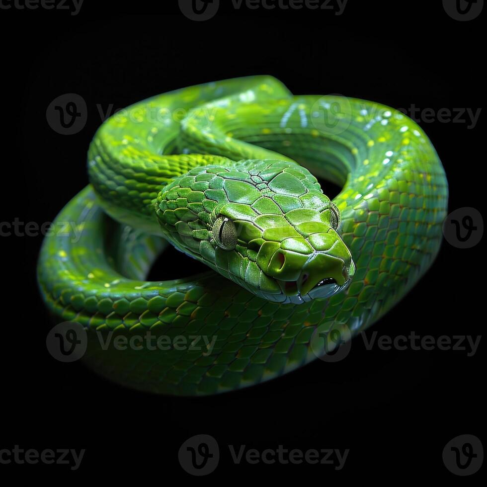 AI Generated In this mesmerizing close-up, encounter a vibrant green snake showcasing its intricate scales photo