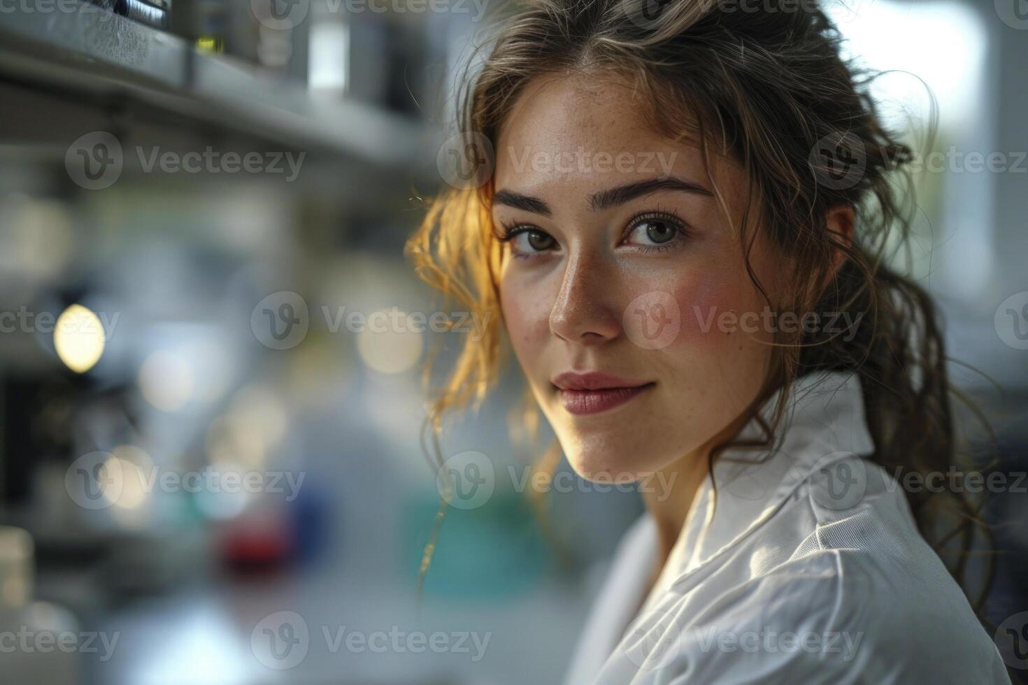 AI Generated A skilled woman scientific researcher, adorned in a white lab coat, passionately conducts experiments in a cutting-edge laboratory. photo