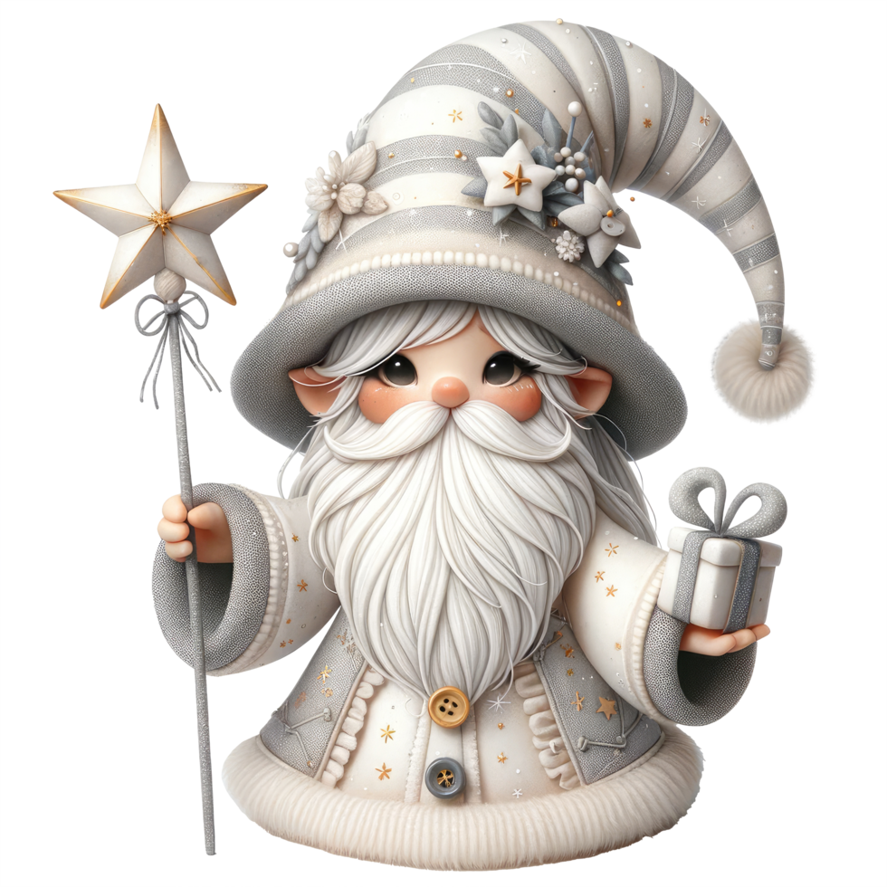 AI generated Charming illustration of gnomes in white clothes for the New Year festival. Accessorize with starry hats and seasonal decorations. png