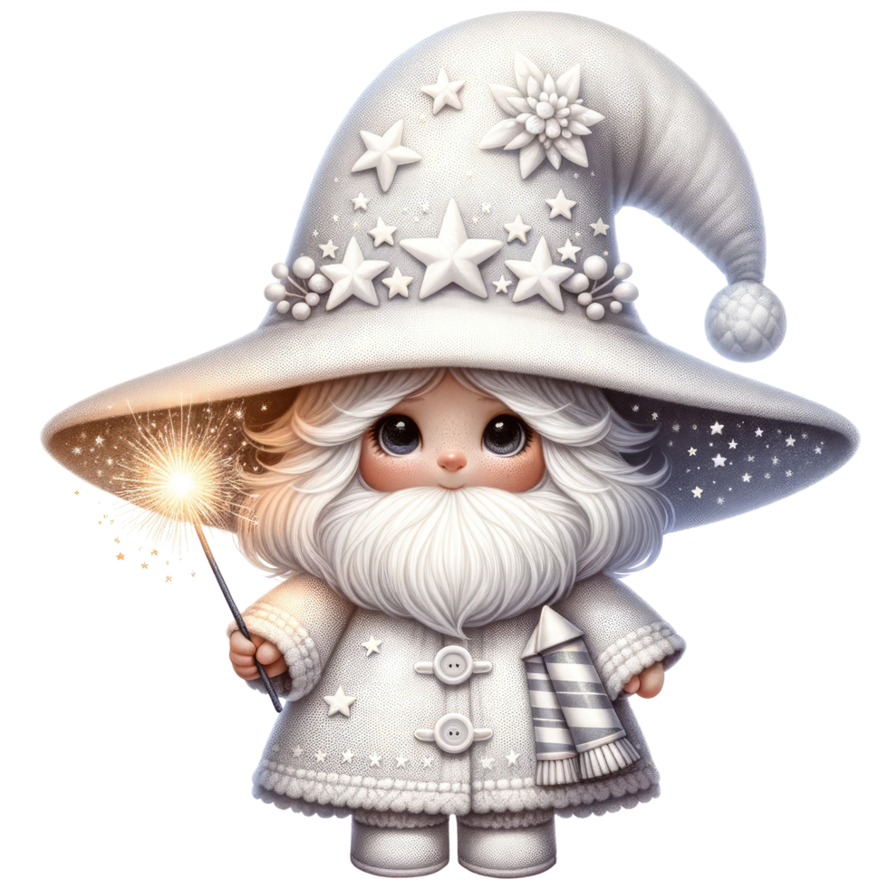 AI generated Charming illustration of gnomes in white clothes for the New Year festival. Accessorize with starry hats and seasonal decorations. png