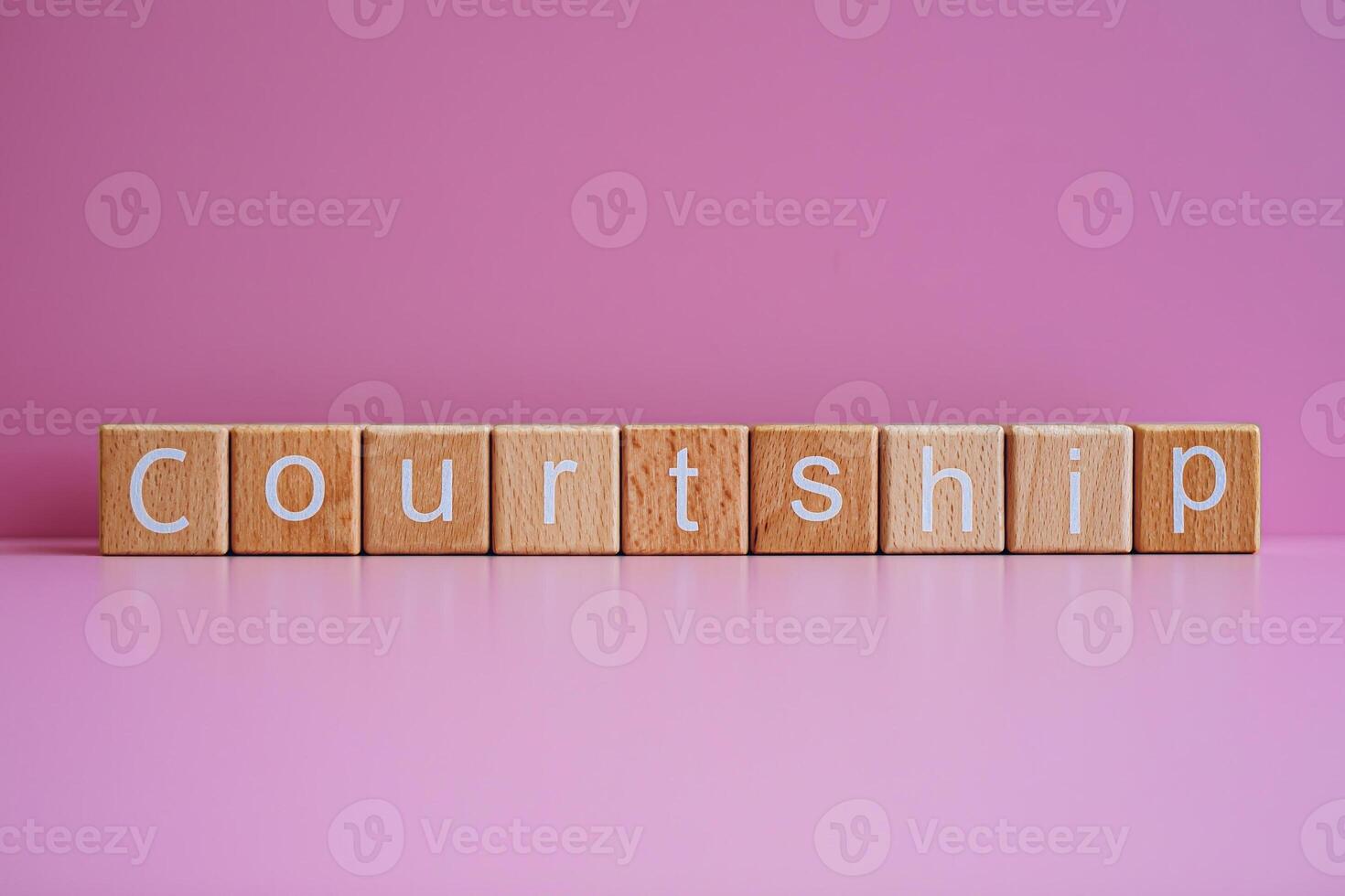 Wooden blocks form the text Courtship against a pink background. photo