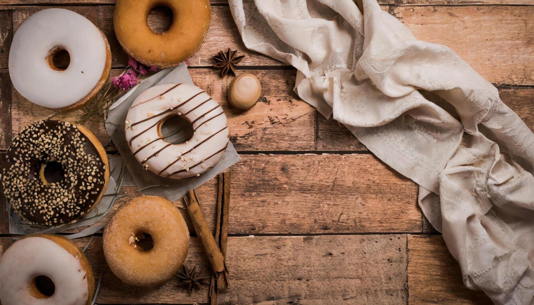 ai generado Copiar espacio imagen de variedad de rosquillas terminado un rústico antecedentes Disparo desde gastos generales foto