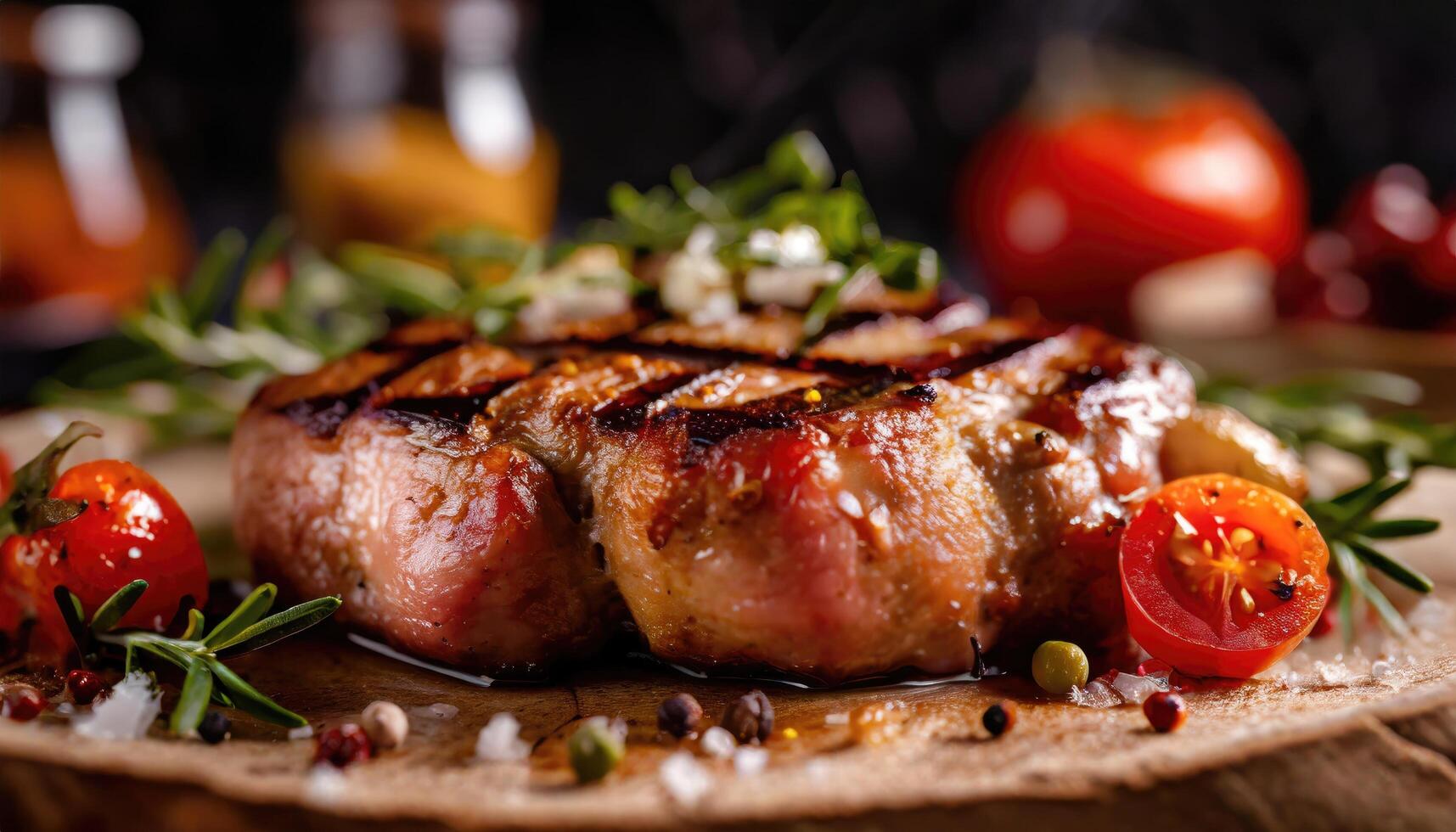 AI generated Copy Space image with close up of barbecue ribs on cutting board over wooden table. photo