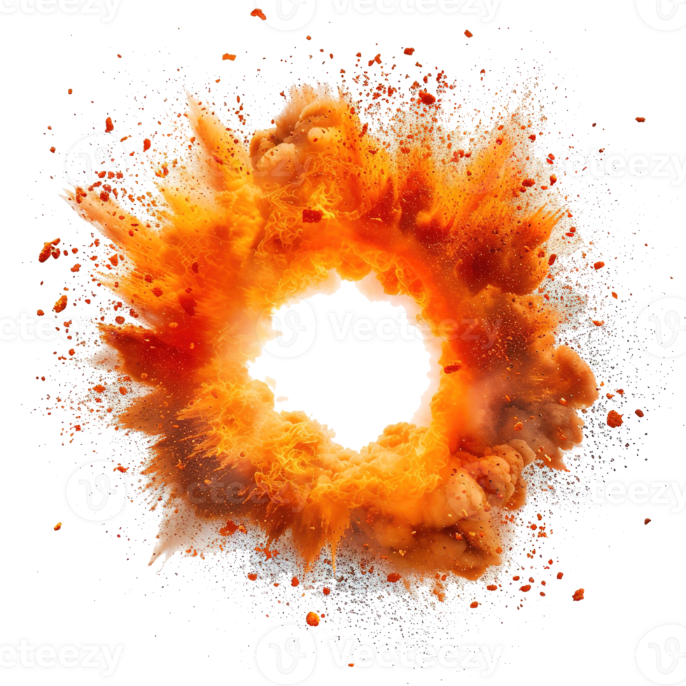 AI generated Intense circular fire and dust explosion isolated on transparent background, showcasing dynamic energy and bright, vivid flames png