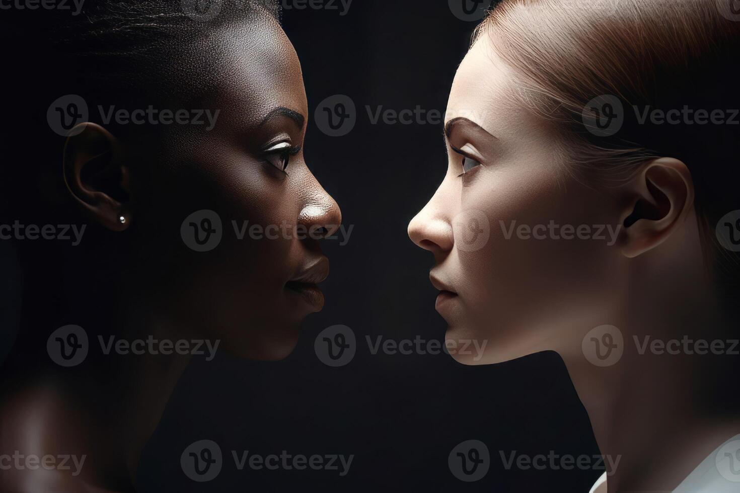 AI generated Profile view of diverse women gazing to each other. Generate ai photo