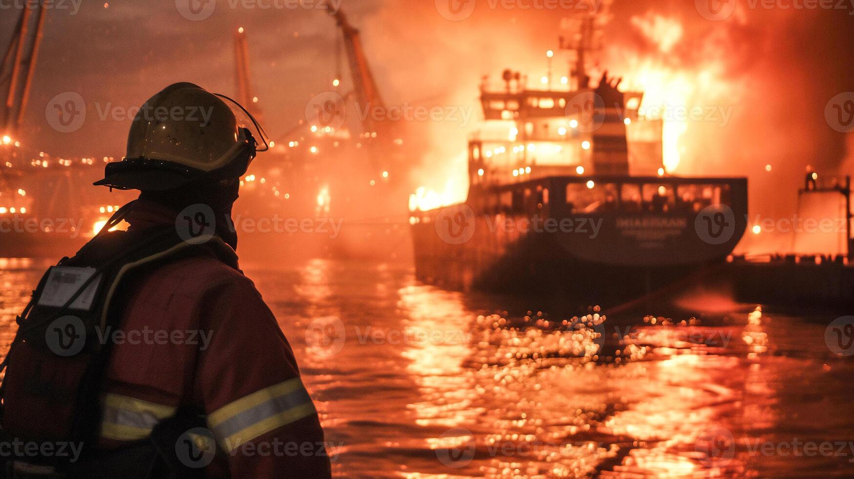 AI generated Dramatic scence male firefighter with fire incident in port , cargo vessel explosion ,cargo ship explosion . photo