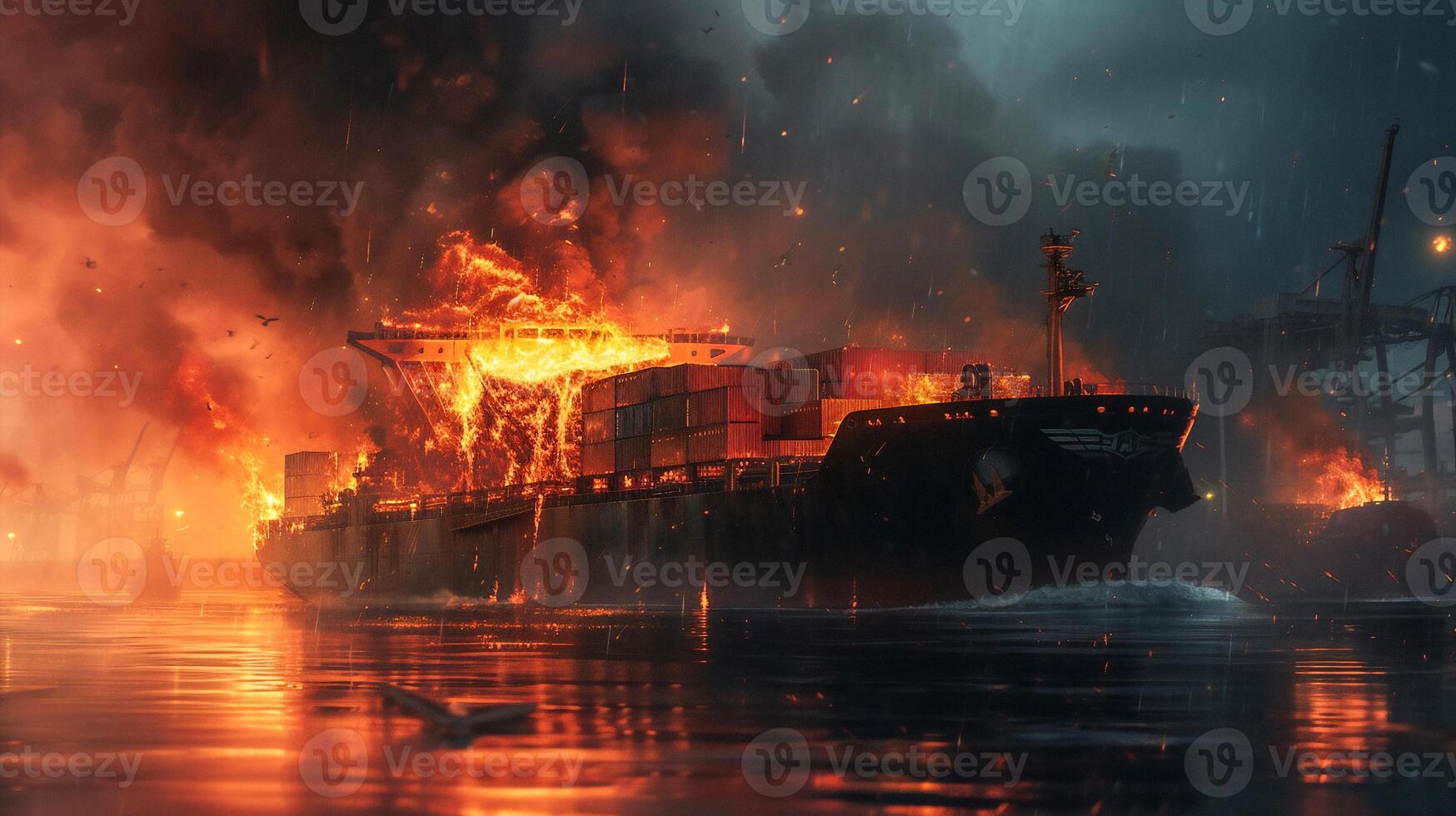 AI generated Cargo vessel explosion on sea near port . photo