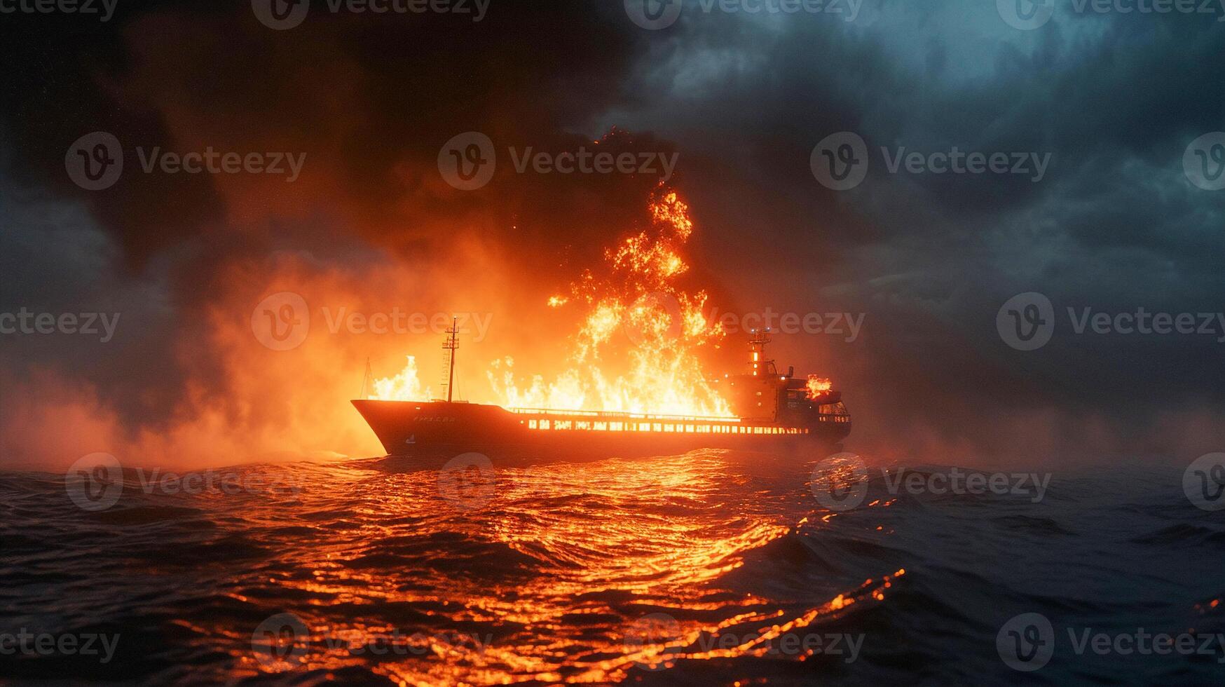 AI generated Cargo vessel explosion on sea near port . photo