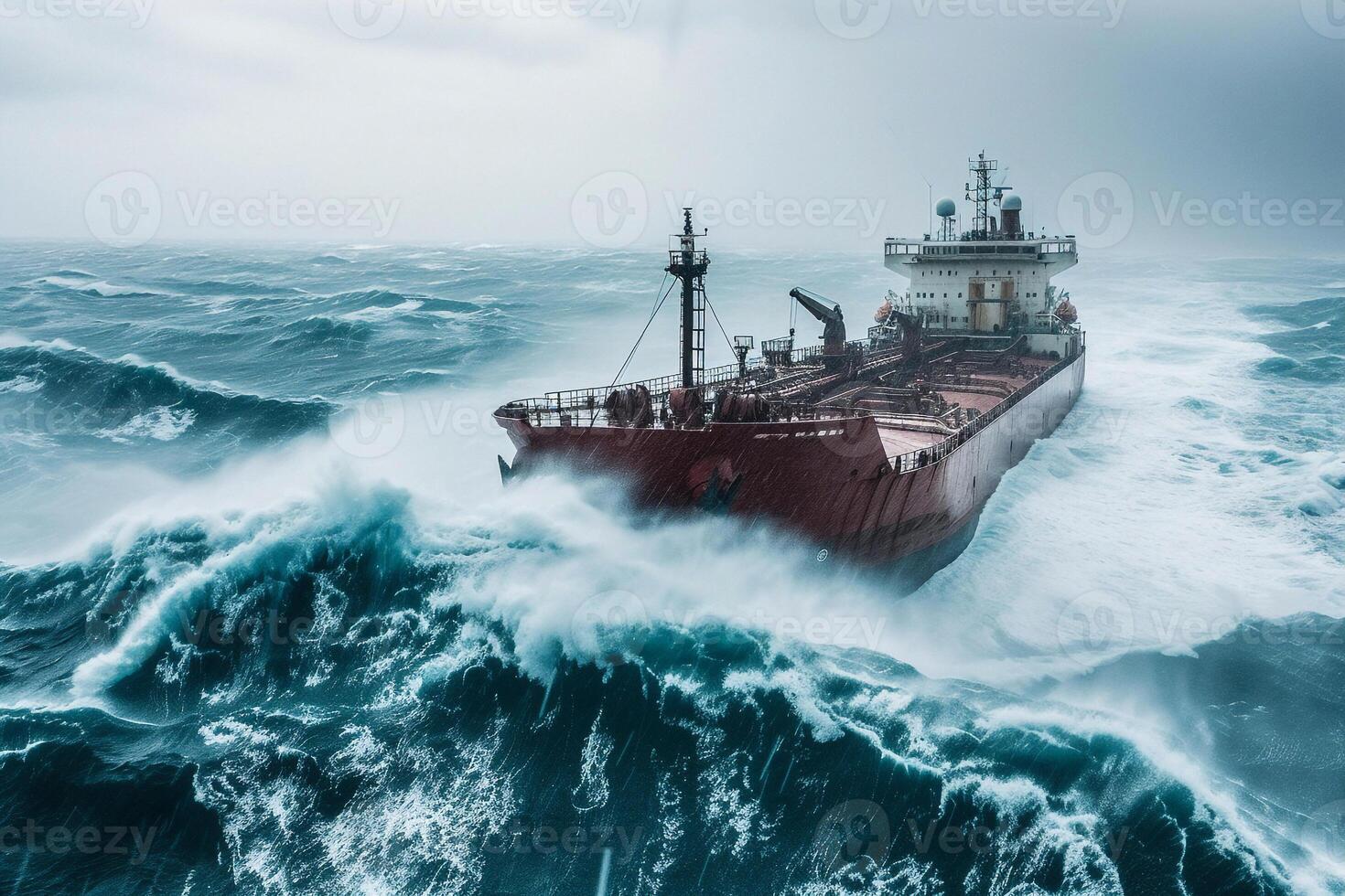 AI generated tanker vessel ship is sailing in ocean through the heavy storm . photo