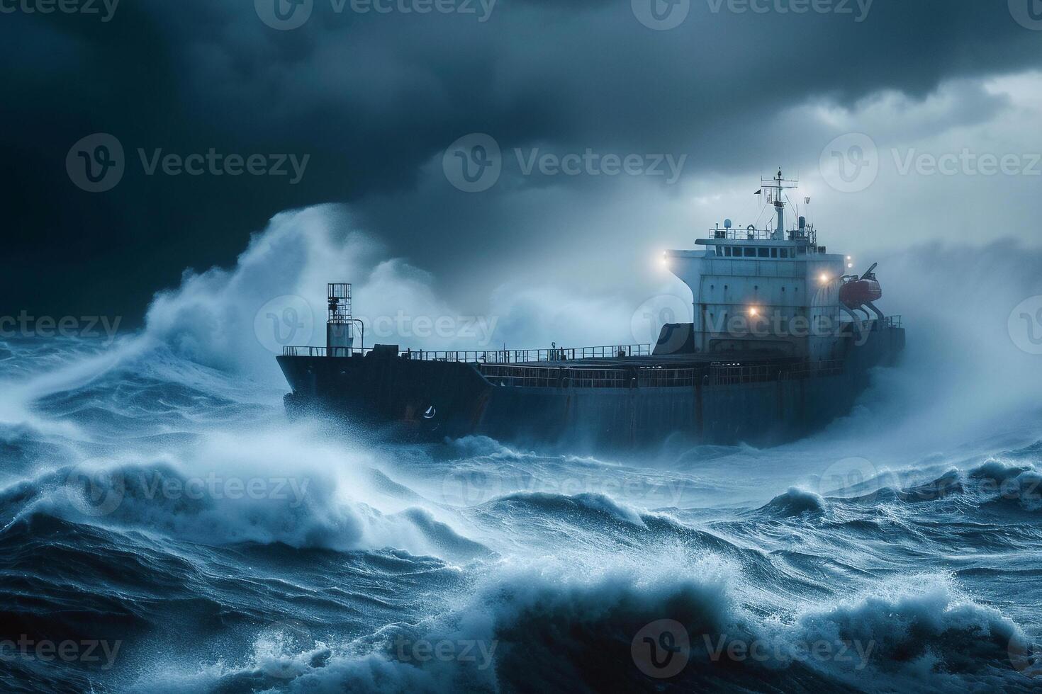 AI generated tanker vessel ship is sailing in ocean through the heavy storm . photo