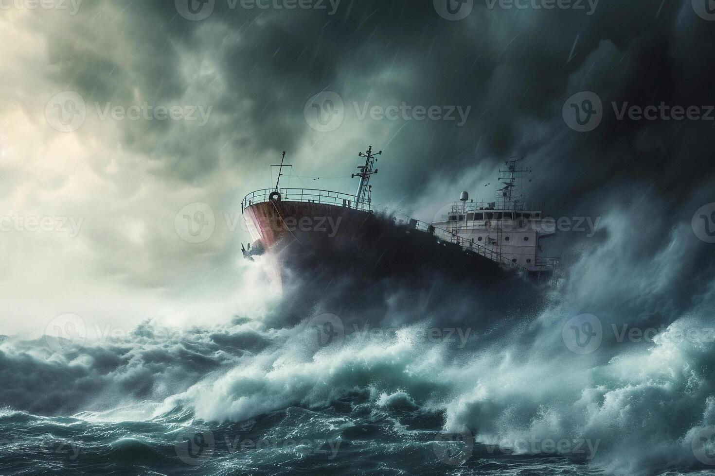 AI generated tanker vessel ship is sailing in ocean through the heavy storm . photo
