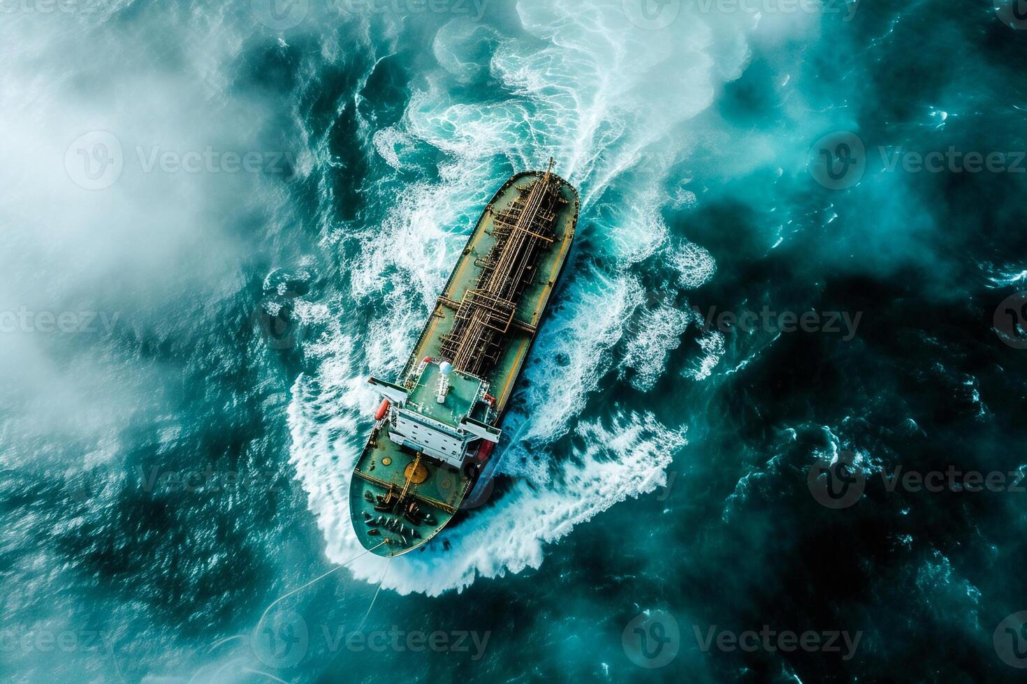 AI generated tanker vessel ship is sailing in ocean through the heavy storm . photo