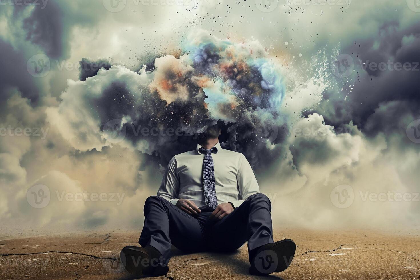 AI generated Surreal depressed office man suffered from mental illness,overthinking,stressed,anxiety,mental illness concept photo