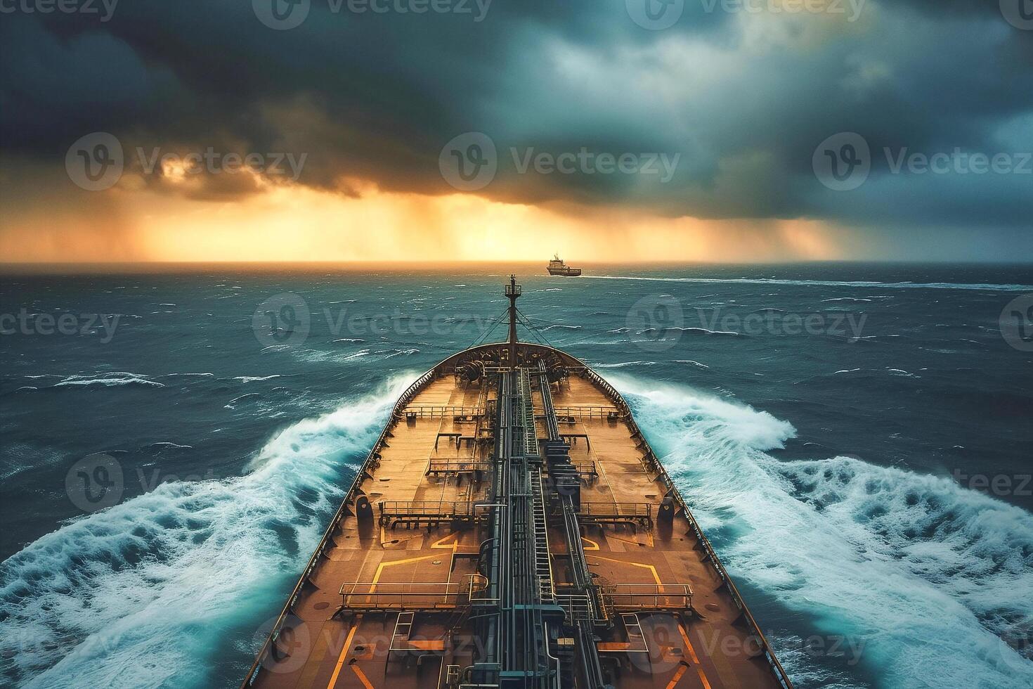 AI generated tanker vessel ship is sailing in ocean through the heavy storm . photo