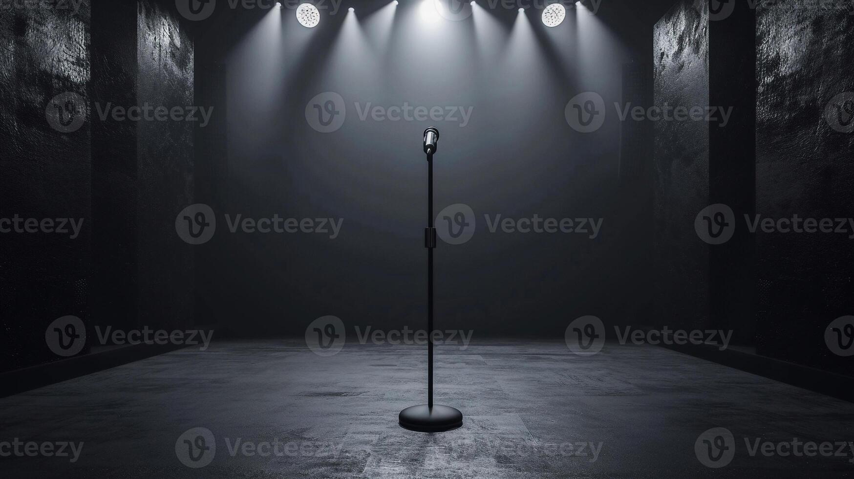 AI generated Empty concert stage have one microphone at center was illuminated with spotlight . photo