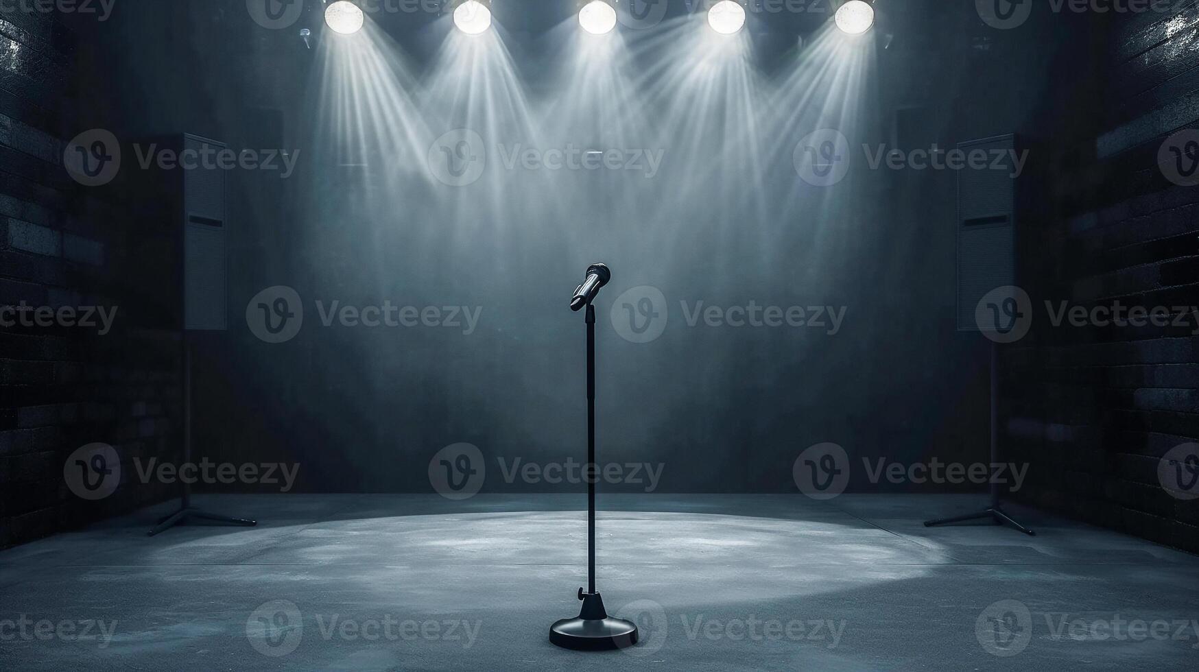 AI generated Empty concert stage have one microphone at center was illuminated with spotlight . photo