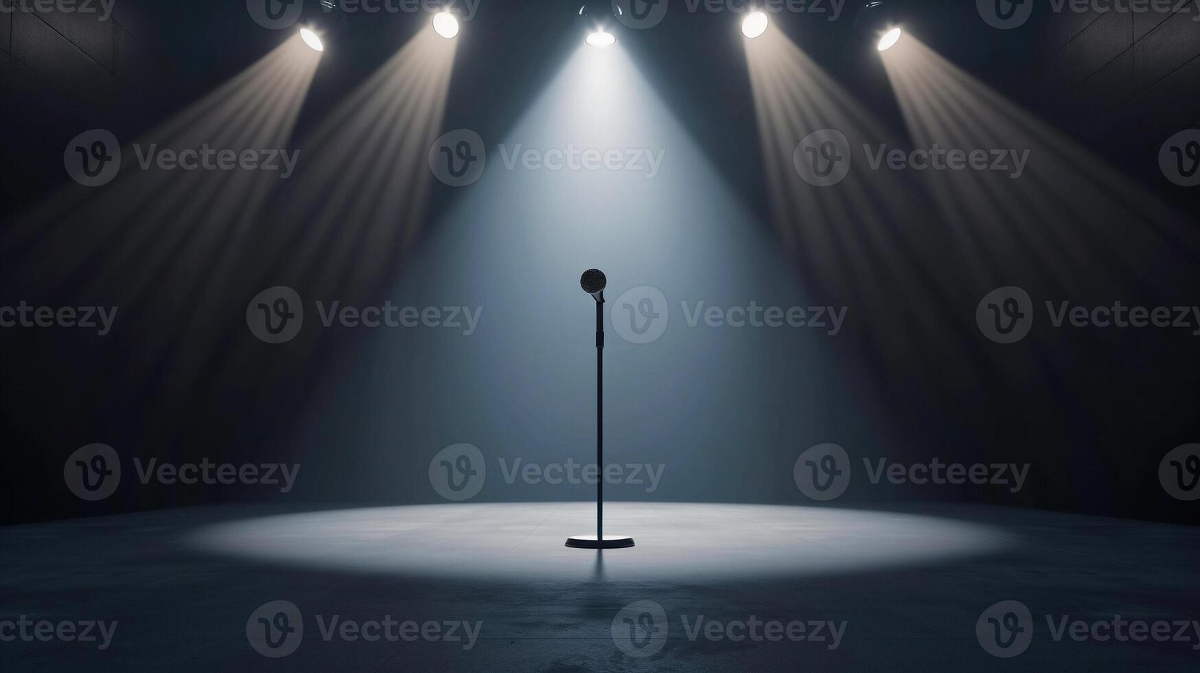AI generated Empty concert stage have one microphone at center was illuminated with spotlight . photo