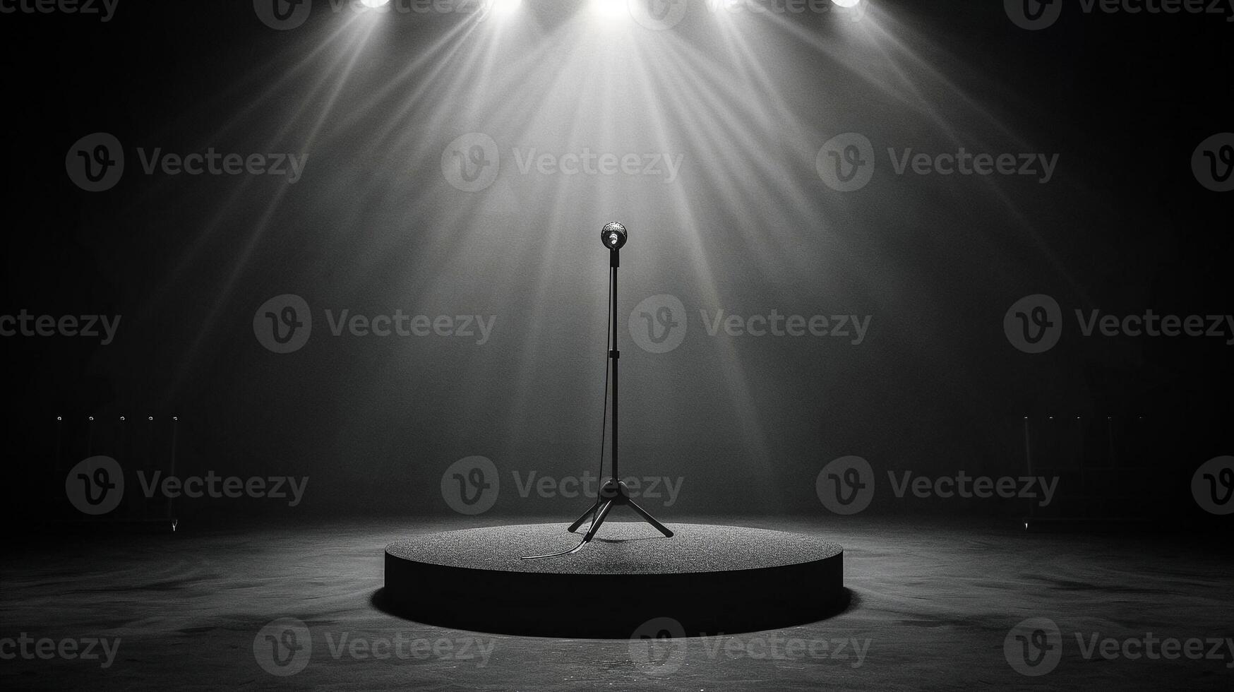 AI generated Empty concert stage have one microphone at center was illuminated with spotlight . photo