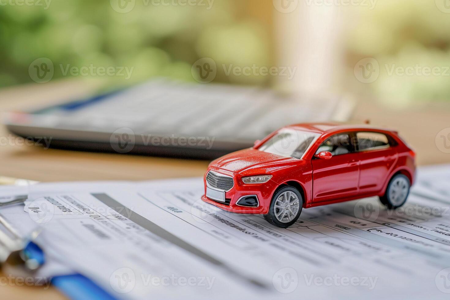 AI generated Miniature car on contract sheet.Car insurance,Car loan. photo