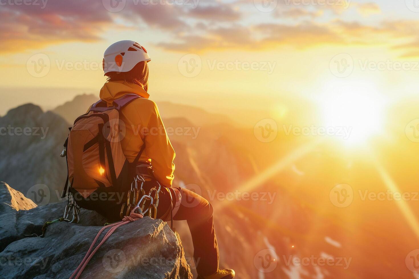 ai generado profesional acantilado trepador detener escalada mirando a hermosa puesta de sol . aventuras y extremo deporte concepto. foto