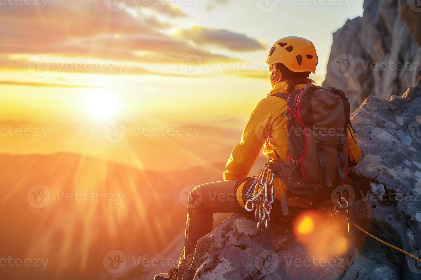 ai generado profesional acantilado trepador detener escalada mirando a hermosa puesta de sol . aventuras y extremo deporte concepto. foto