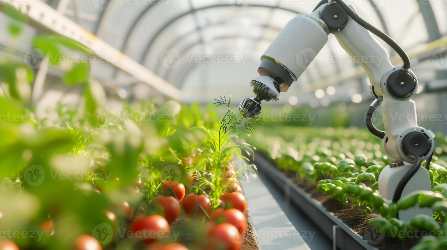 AI generated Future agriculture vegetable farm in greenhouse with smart robotic arms , Automation vegetable farm. photo