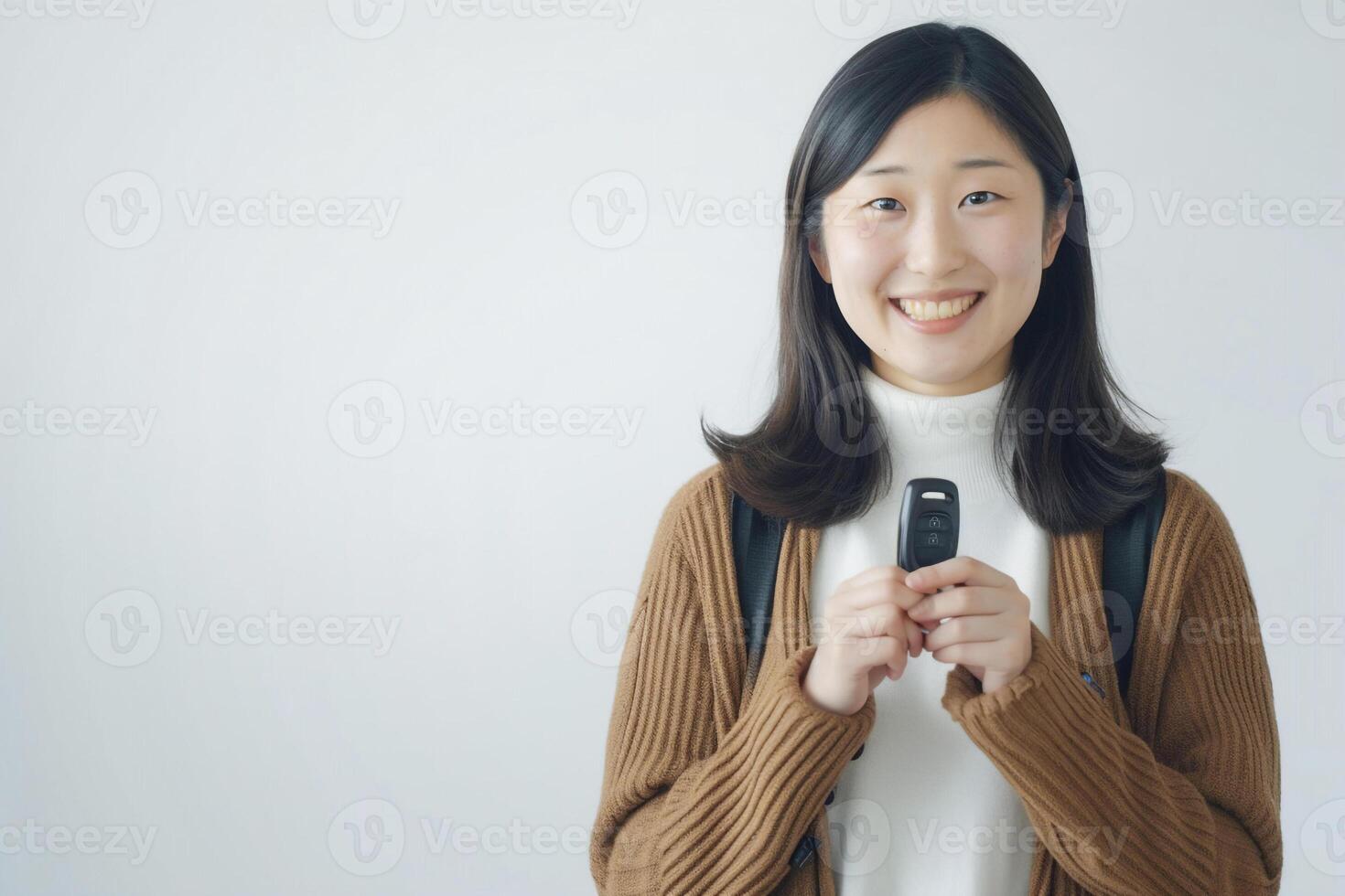 AI generated Smiling woman pose with car key in her hands studio shot .Rental automotive business concept .Used car concept .Car insurance concept . photo