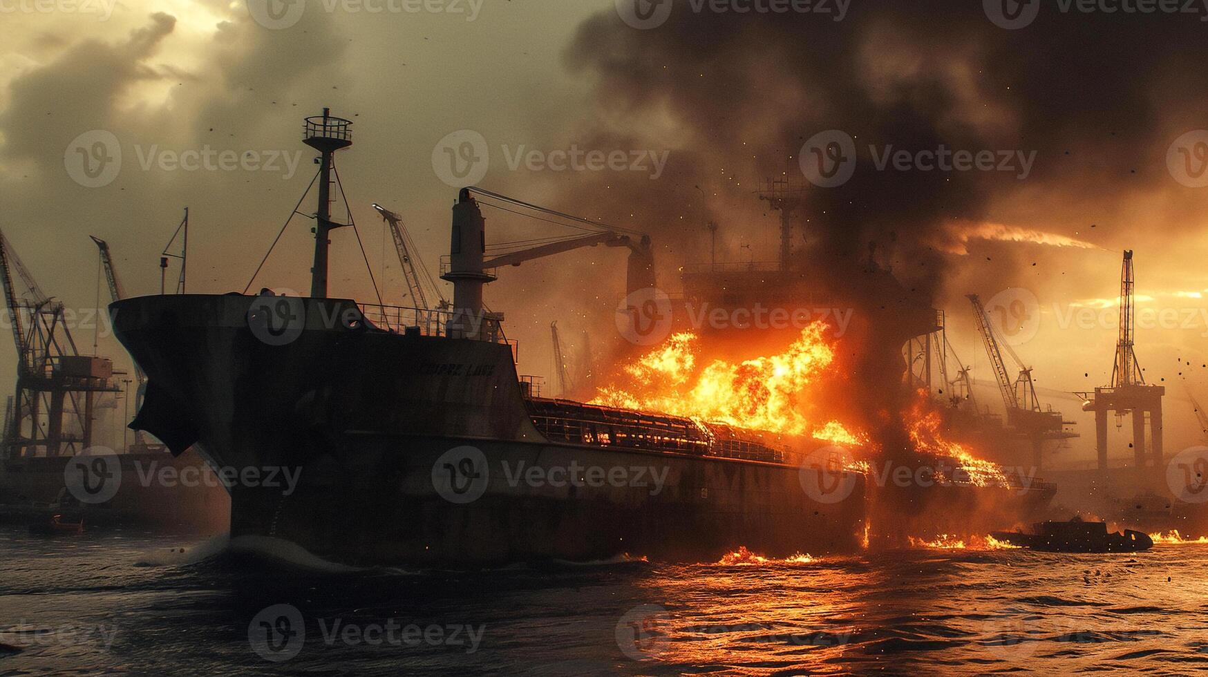 AI generated Cargo vessel explosion on sea near port . photo