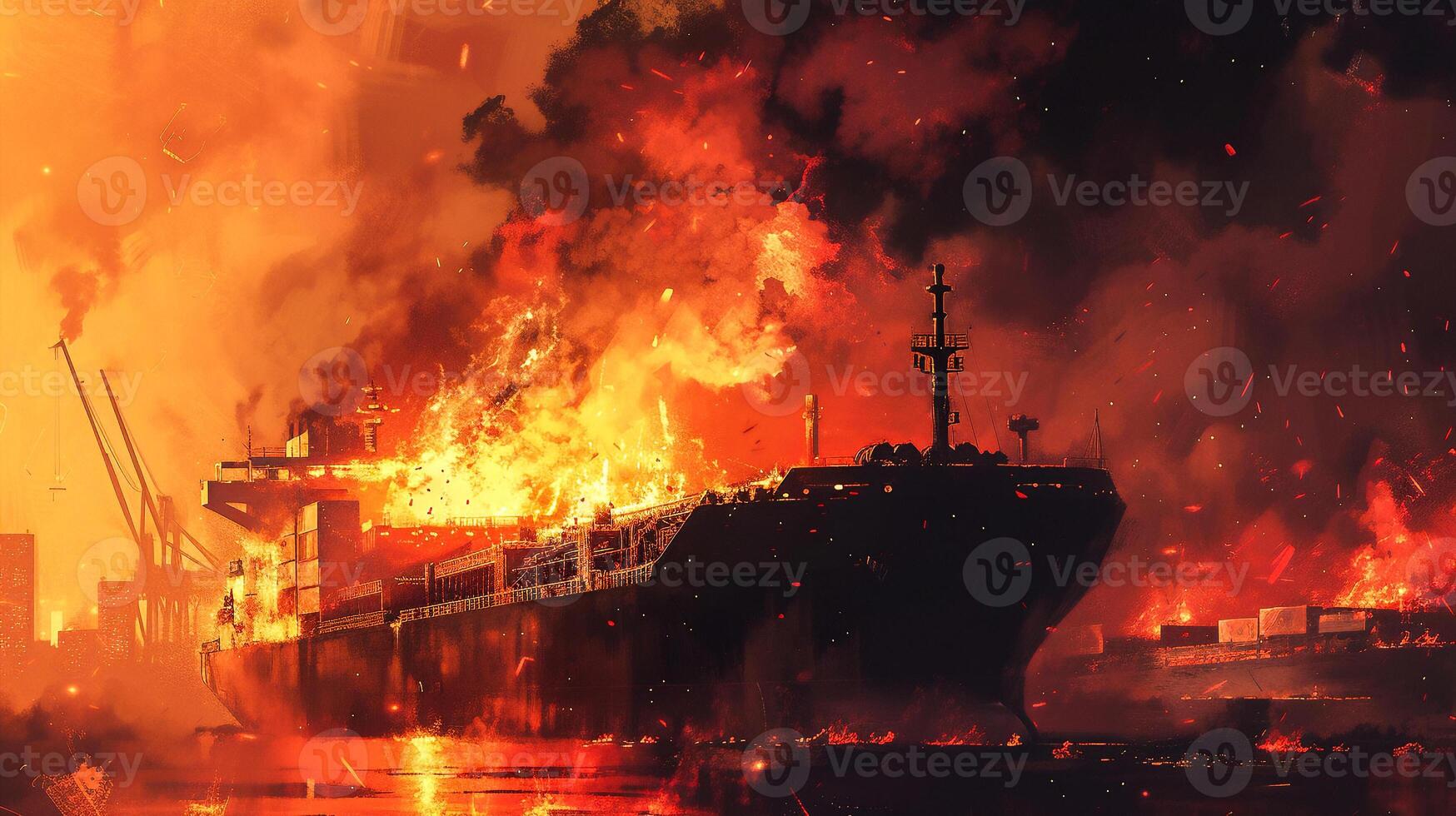 AI generated Cargo vessel explosion on sea near port . photo