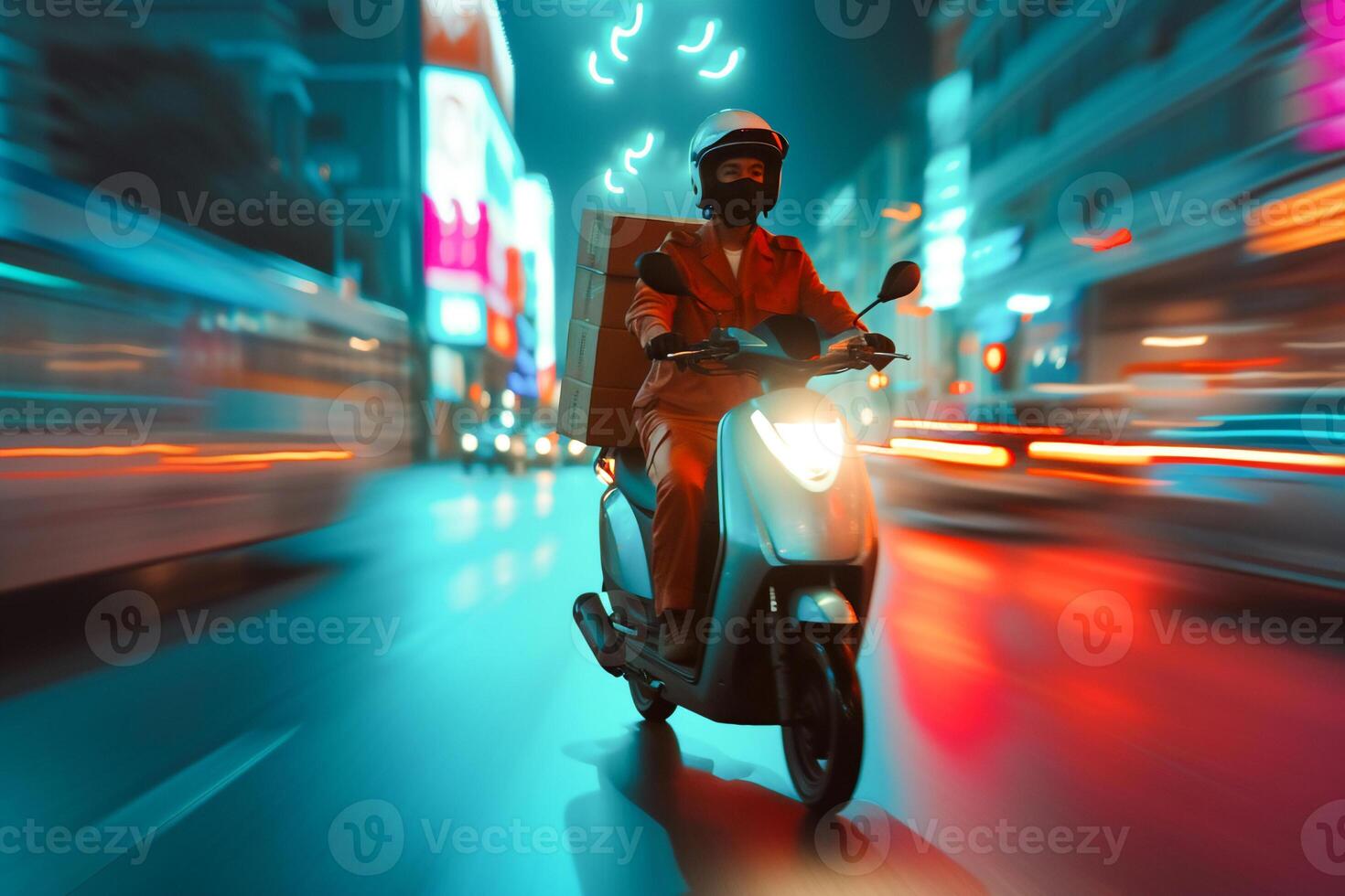 AI generated Food Delivery man ride motorcycle on the road at night , deliver parcel to customer at night with light trail . photo