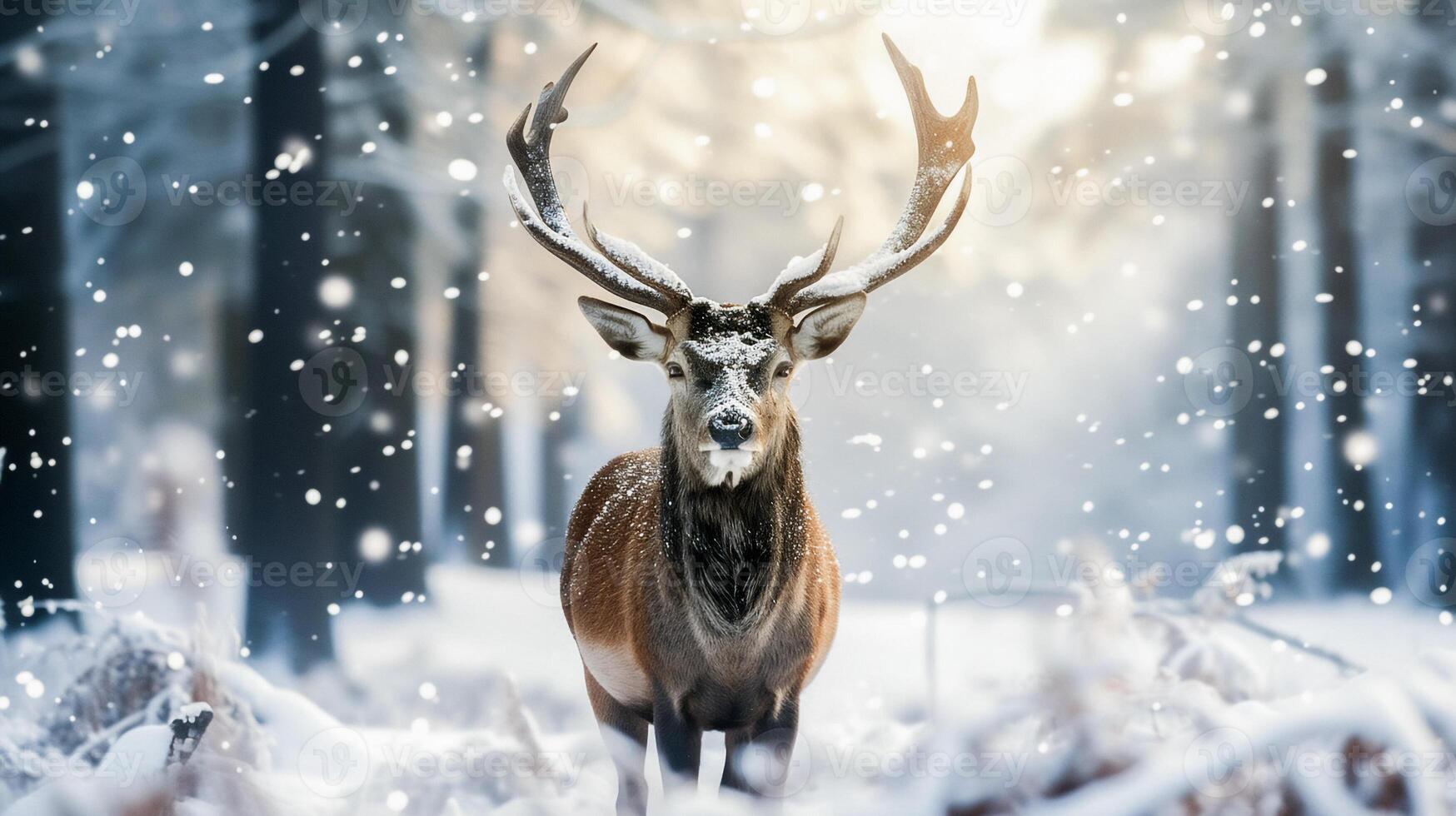 ai generado naturaleza fauna silvestre escena joven ciervo con grande cuerno en el Nevado bosque . foto