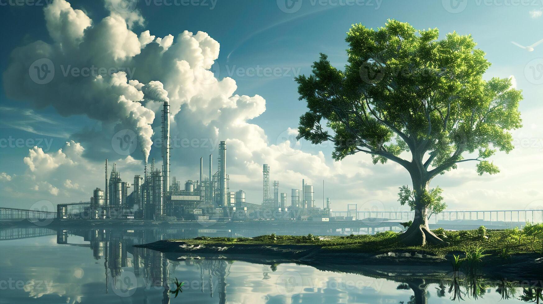 AI generated futuristic factory with good enviroment,Eco-friendly factory green factory concept,zero carbon future photo