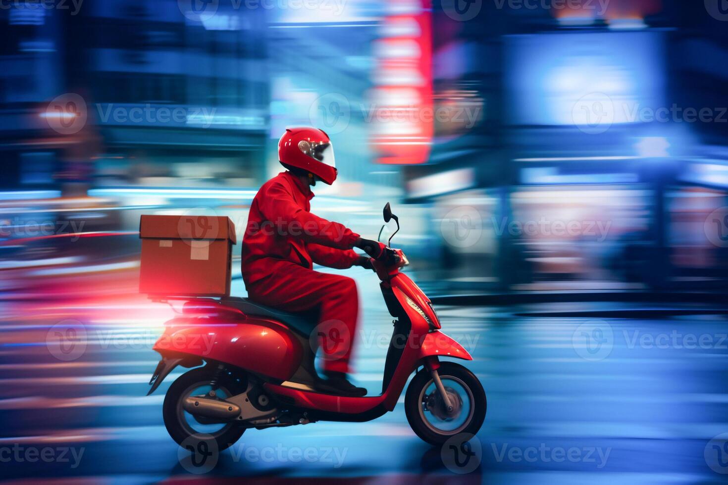 AI generated Food Delivery man ride motorcycle on the road at night , deliver parcel to customer at night with light trail . photo