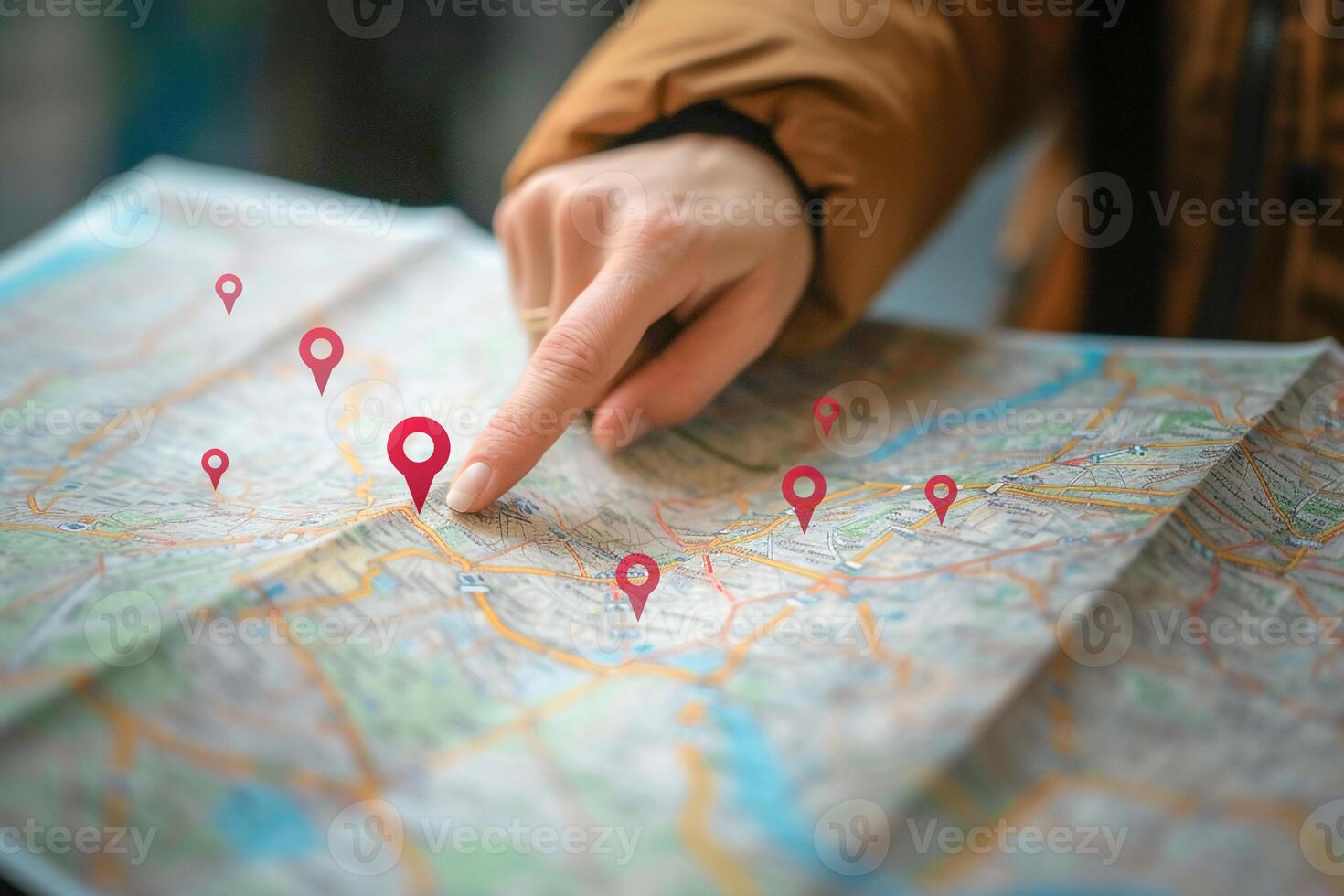 AI generated Travel 's finger point to maps with red map pin icon , Travel planning. photo