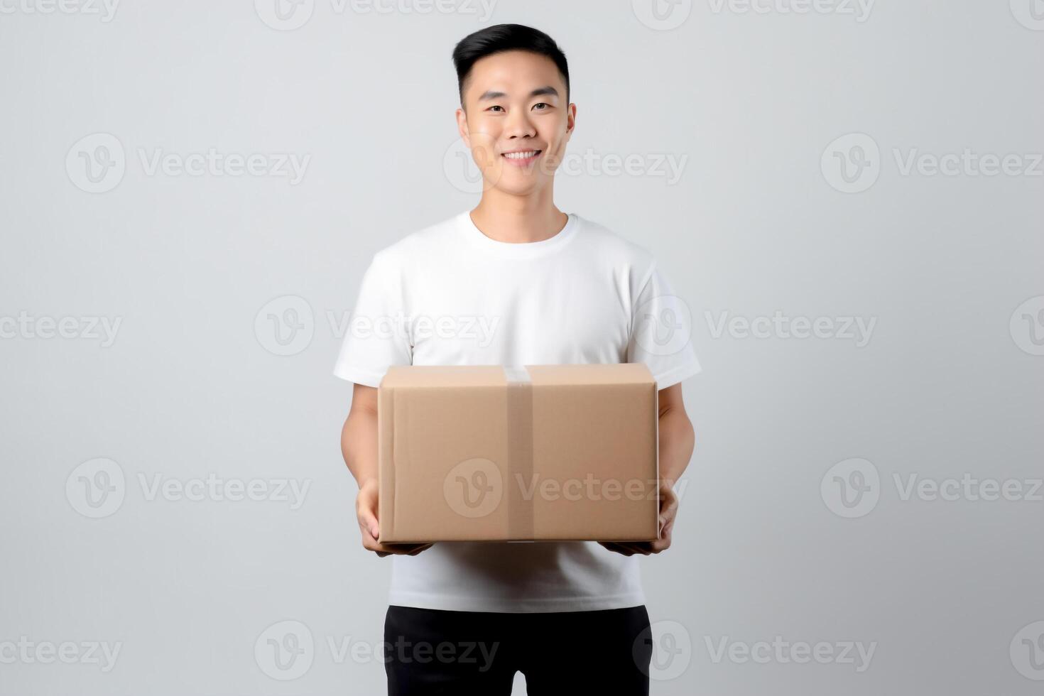 AI generated young Asian entrepreneur is holding product box ready to deliver , logistics concept . photo