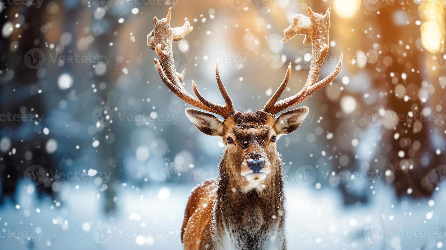 ai generado naturaleza fauna silvestre escena joven ciervo con grande cuerno en el Nevado bosque . foto