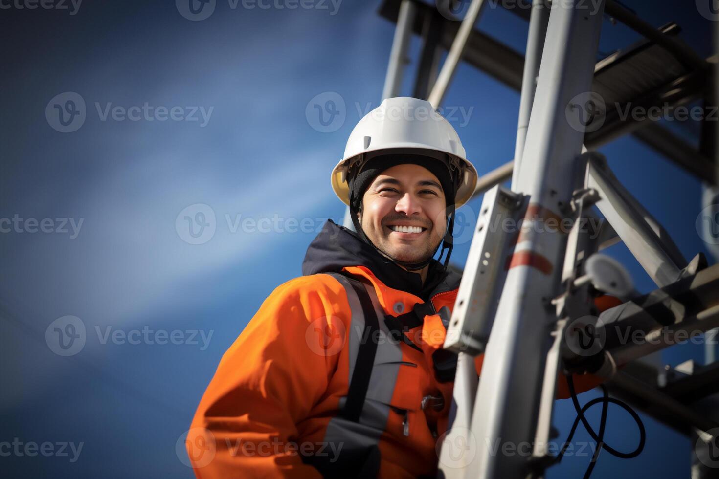 AI generated engineer wearing safety gear working at top of signal antenna.Working at height photo