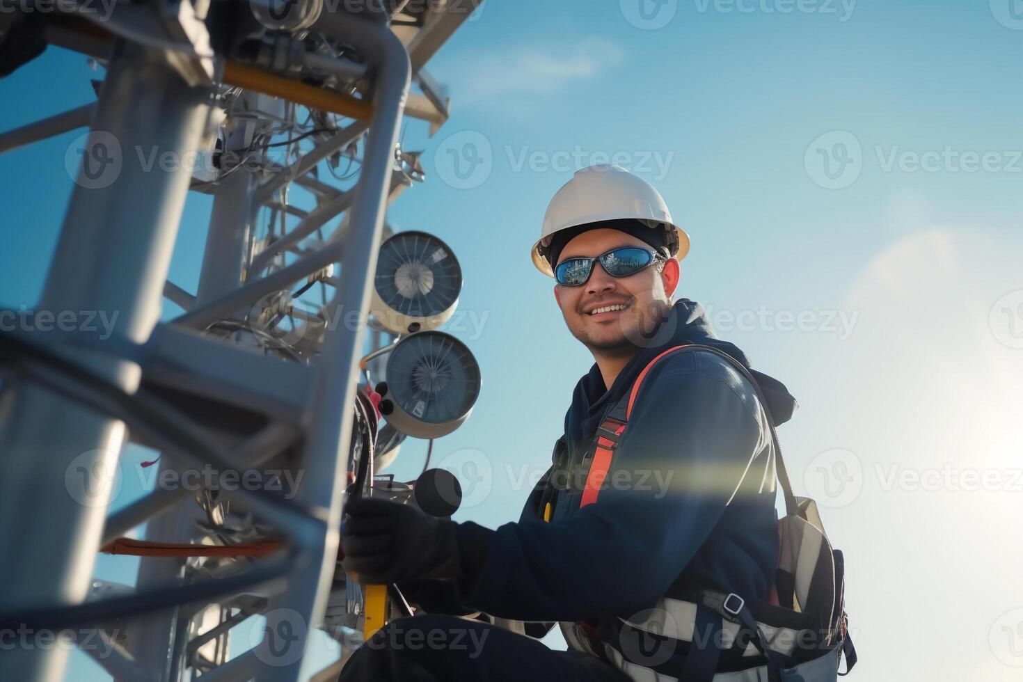 AI generated engineer wearing safety gear working at top of signal antenna.Working at height photo